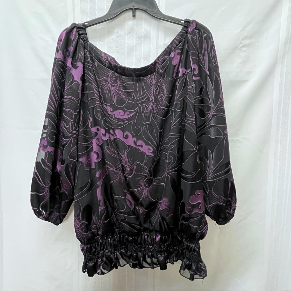 Helene Blake Blouse‎ Womens 2X Black Purple Floral Sheer Peasant Boho Whimsigoth